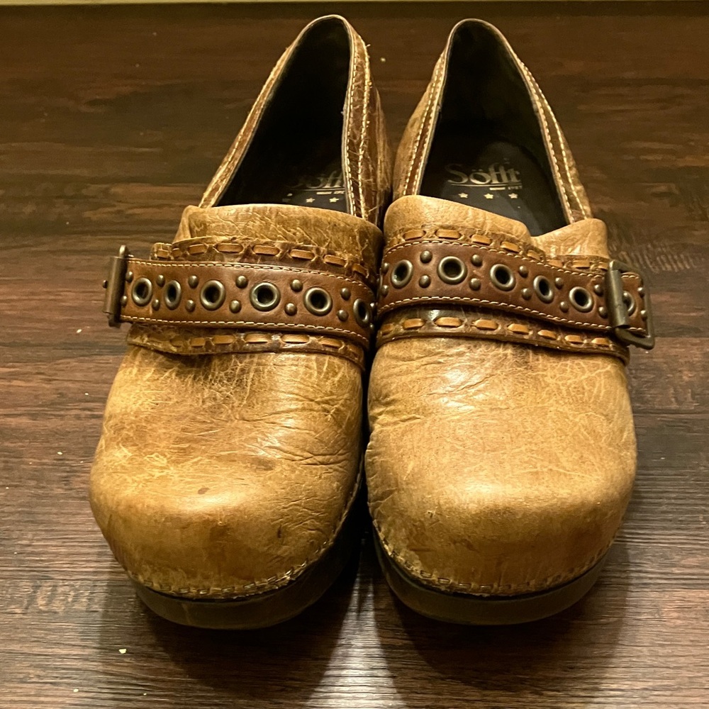 Sofft Tan Leather Clogs with Buckle Detail